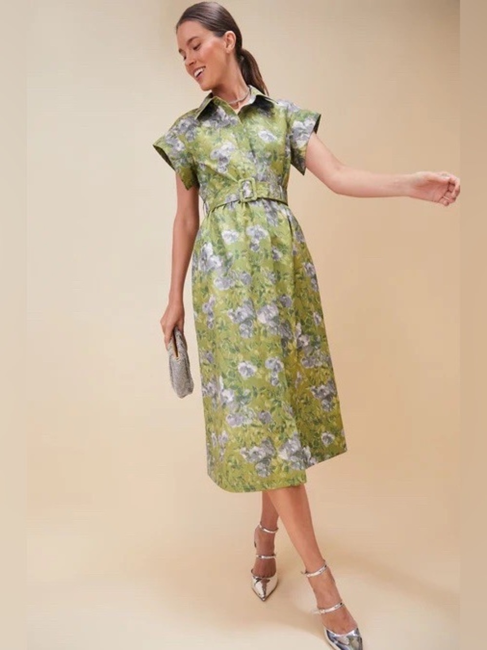 Tuckernuck Chloe Muted Meadows Green Gardens Midi Dress Belted Floral XXXL